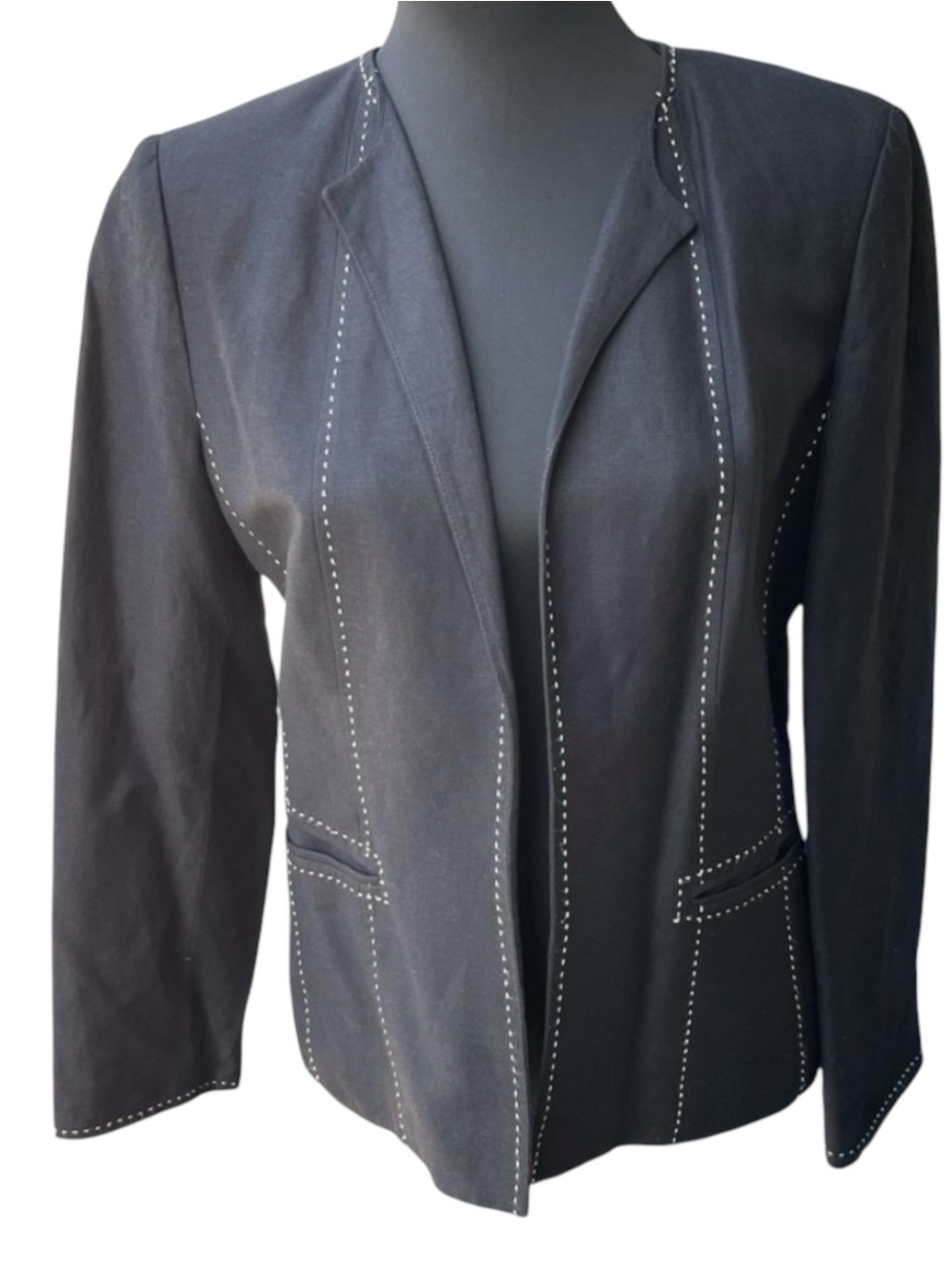 Kasper Black White Stitching Linen Blend Open Front Blazer Jacket (6)